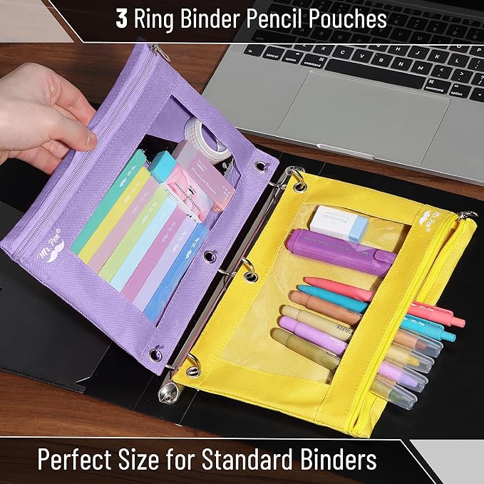Mr. Pen- Pencil Pouch for 3 Ring Binder, 2 Pack, Yellow and Purple, 3 Ring Binder Pencil Pouch
