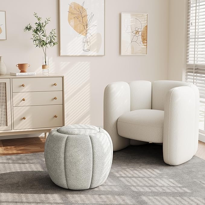 Storage Ottoman, Round Ottoman with Storage, Upholstered Soft Vanity Stool for Living Room, Foot Stool for Bedroom, Entryway (Light Gray)