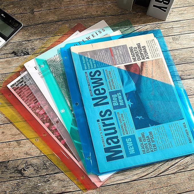 Maitys 50 Pack Binder Pockets 3 Hole Punch Clear Plastic Document Folders Binder Organizer Store Letter Size 8.5x11 Inch Paper Folders with Pockets Slash File Jacket for Office (Fresh Color)