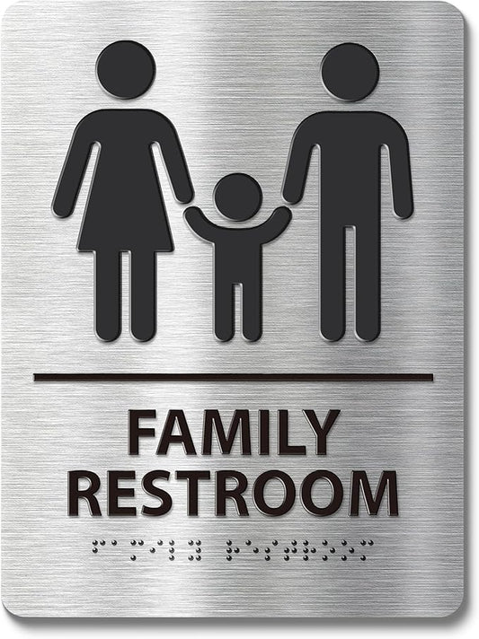 ADA-Compliant Family Restroom Sign with Braille – Modern Aluminum Bathroom Sign for Public Facilities, Airports, Malls, Restaurants, and Offices, Easy Installation - 6" W x 8" H