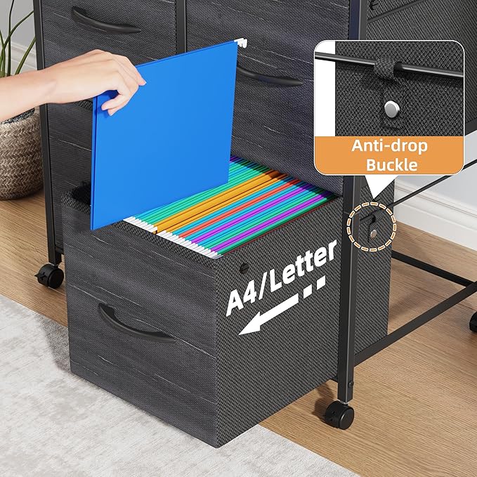 Lateral File Cabinet 4 Fabric Drawer, Mobile Filing Cabinet for Large Printer, Home Office Functional Office Storage Cabinet & Printer Stand, Fits A4/Letter Size, Charcoal Black Grain Print