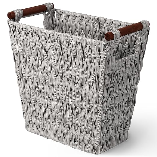 GRANNY SAYS Woven Waste Basket, Gray Wicker Basket with Wood Handles, Wicker Waste Basket for Bathroom Living Room, 1-Pack, 13" x 7 ½" x 12 ½"