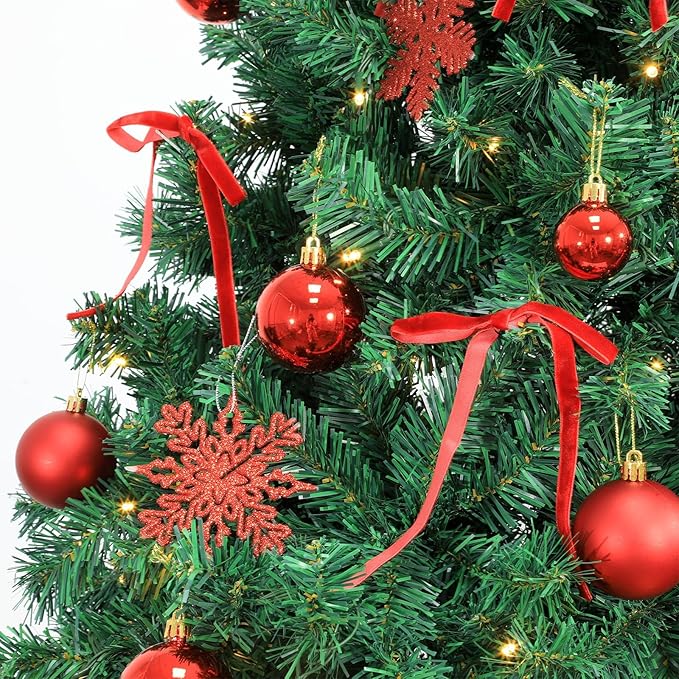 86Pcs Led Light Red Christmas Tree Decorations Set 100 Led Light Christmas Star Trees Topper with String Lights Xmas Balls Snowflakes Ornaments Bows Xmas Trees Decor 20m Light String