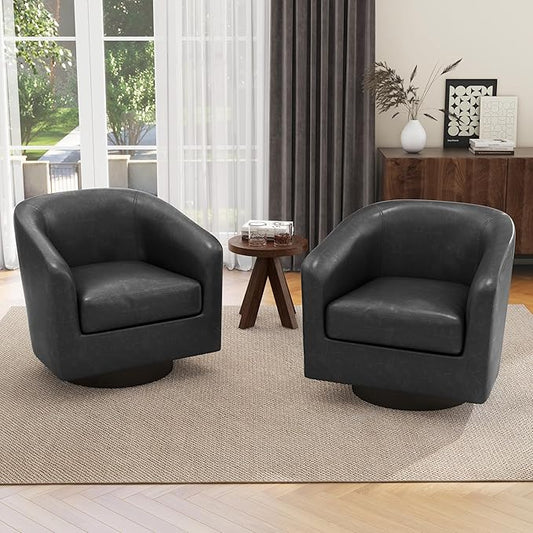 UIXE Faux Leather Swivel Accent Chairs Set of 2, Modern Upholstered Barrel Chairs for Living Room, Comfy Round Armchair Single Sofa Bedroom Reading Seat - 31" W, Black