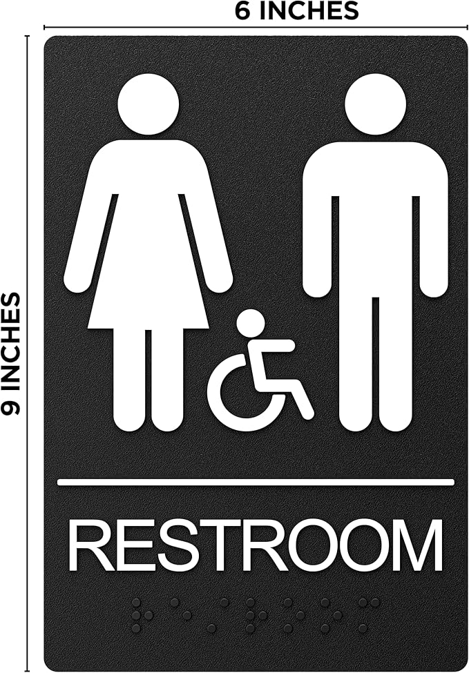 Unisex Bathroom Signs, Restroom Sign For Business - For Unisex Men and Women - 9" by 6" - ADA Compliant with Braille and Handicap Symbol - Strong Double-Sided Adhesives Included - Apply to Door or Wall