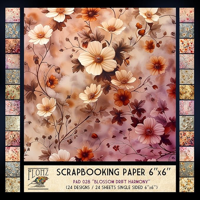 FLONZ Scrapbook Paper (24 sheets 6"x6") Blossom Drift Harmony ~ Delicate cherry and plum blossoms rendered in soft vintage tones using digital watercolor and textured overlay techniques