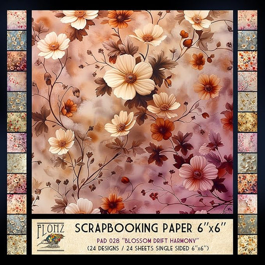 FLONZ Scrapbook Paper (24 sheets 6"x6") Blossom Drift Harmony ~ Delicate cherry and plum blossoms rendered in soft vintage tones using digital watercolor and textured overlay techniques