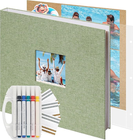 Vienrose Scrapbook Photo Album 12x12 Inch 3 Ring Binder, Linen Cover Large DIY Scrapbooks with 50 Sheets Plastic Sleeves 100 Pages Blank Khaki Inner Pages for Wedding Birthday Travel Baby Grass Green