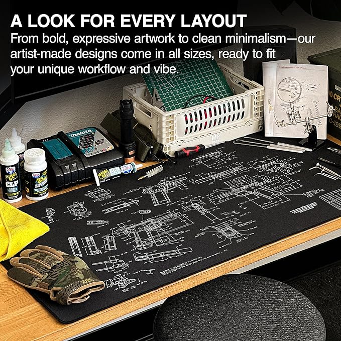 MPCO. Blueprints Large Gaming Desk Pad - 36" x 17" Duraglyde Fabric Browning 1911 – Black Desk Mats - Non-Slip, Washable, Smooth Glide for Precision Gaming & Work