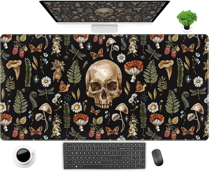 Cool Skull Desk Mat Floral Mouse Pad Black Mushroom Plants Goth Desk Pad XXL Large Gaming Mousepad Laptop Computer Keyboard Mouse Mat 31.5x15.75 in, Office Desk Mats Decor Accessories for Women