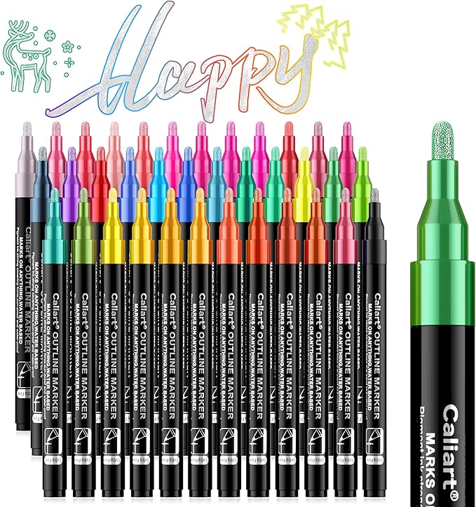 Caliart Easter Basket Stuffers, 36-Color Shimmer Double-Line Drawing Doodle Outline Markers, Teen Girl Gifts Trendy Stuff, Glitter Pens Set Classroom Art Supplies for 4-6-8-10-12 Year Old
