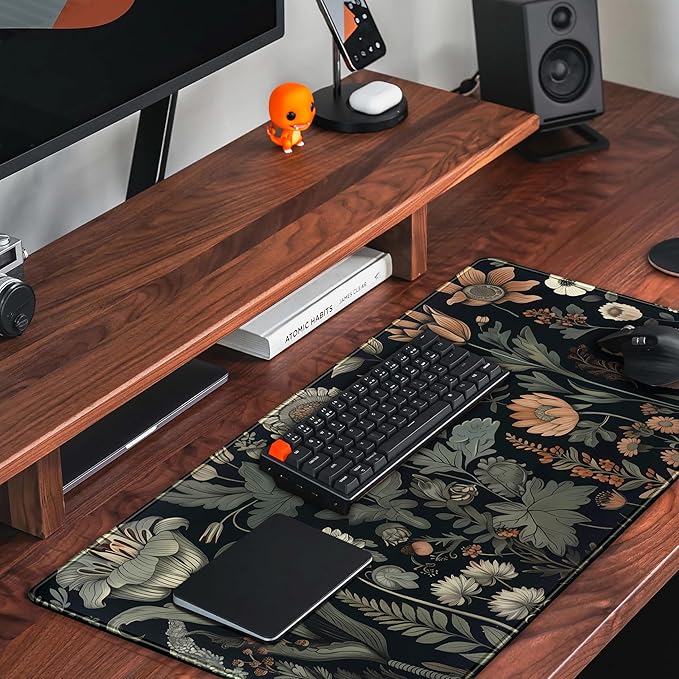 Aesthetic Vintage Dark Flower Plants Wildflowers Large Gaming Mousepad XXL Keyboard Mouse Mat Full Desktop Mat Women Desk Cover Mat for Work Office Home 31.5x15.8 in