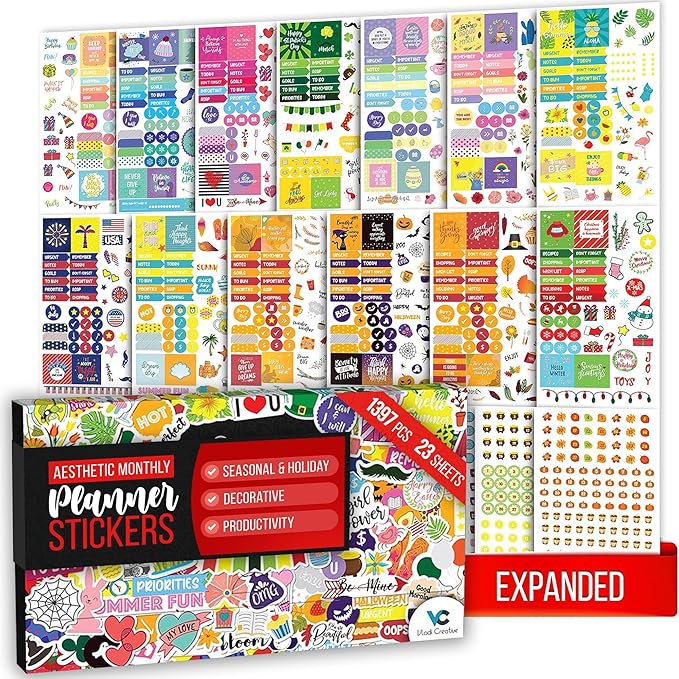 [Expanded] Vladi Creative Aesthetic Monthly Planner Stickers – 1397 pcs / 23 Sheets – Seasonal, Holiday, Productivity & Decorative Stickers for Women – Perfect for Calendars, Journals, & Scrapbooking