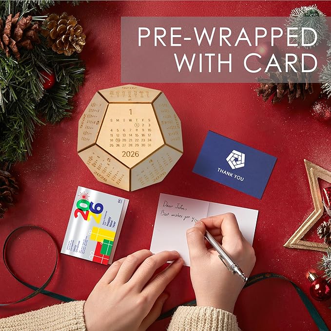 2026 Desk Calendar Wood Dodecahedron, DnD Gifts for Men, Funny Office Gifts for Coworkers, Unique Mens Desk Accessories, Christmas Gift Ideas for Boss Male, Employee, White Elephant Exchange