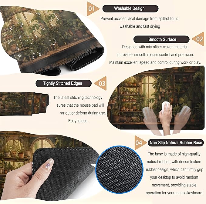 Green Retro Plant Lover Desk Mat Cute Sage Mouse Pad XXL Large Extended Gaming Mousepad Anime Desk Pad 31.5x15.75 in, Aesthetic Desktop Accessories for Women Computer Mat Keyboard and Mouse Mat