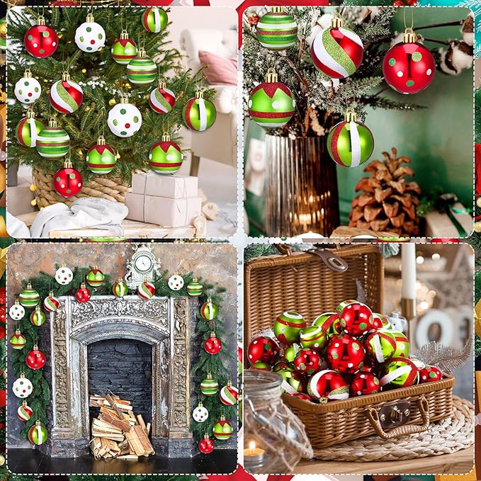 64 Pcs Christmas Ball Ornaments Lime Green Red Christmas Ornament Plastic Christmas Tree Decoration Assorted Size Dot Stripe Christmas Ornament for Tree Home Indoor Decor, 1.6/1.97/2.4 Inch
