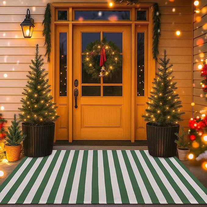 Christmas Green & White Striepd Rug - 3' x 5' Outdoor Front Door Decor Mat Cotton Washable Hand-Woven Rug Christmas New Year Holiday Porch Entryway Layered Doormat