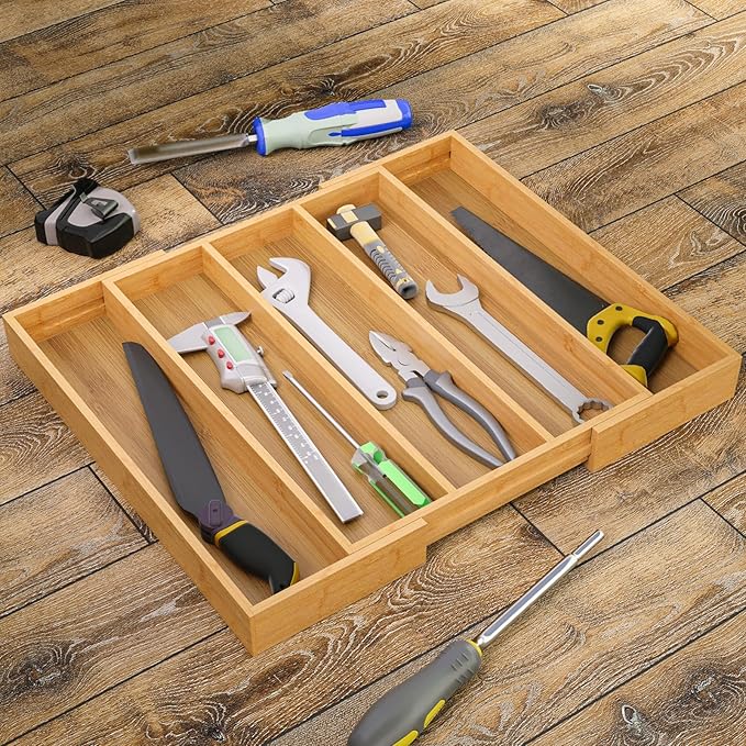 Expandable Kitchen Drawer Organizer,Bamboo Silverware Organizer,Adjustable Flatware Tray for Utensils(16.92 * 13.30~22.83 * 1.96)