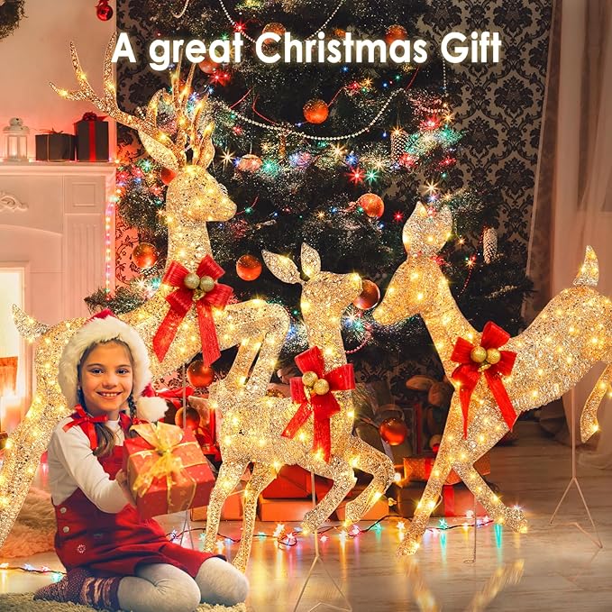 NALONE 3 PC Lighted Reindeer Family Set, 3D Large Christmas Deer Decoration for Outdoor Yard with 210 Warm White LED Lights, Xmas Deers for Outside with Stakes, Bow Ties