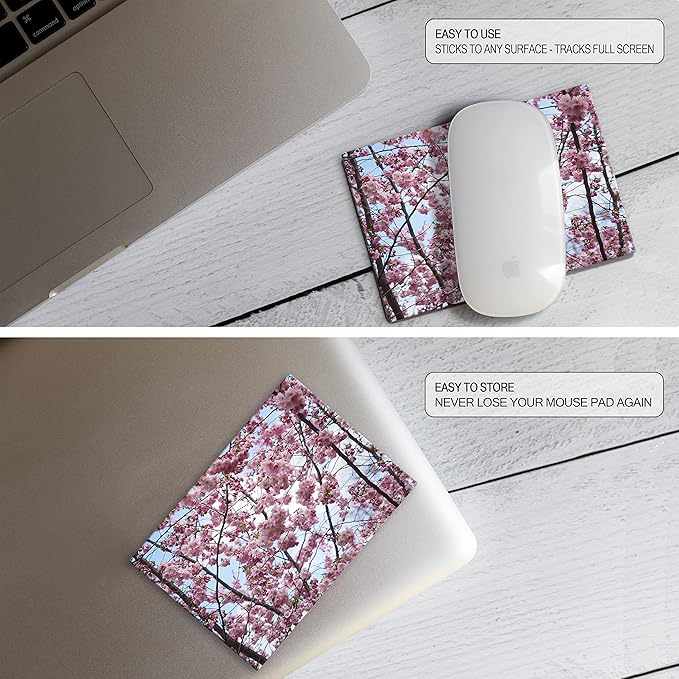 Adhesive Mouse Pad - Peel and Sticks to Any Surface - Travel Mouse Pad, Sticky for Any Surface - Excellent Tracking - Cherry Blossoms