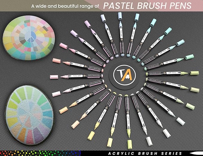 24 Flexible Brush Tip Acrylic Paint Pens Markers Set 1-7mm Line for Rock Painting, Brush Lettering, Glass, Mugs, Wood, Metal, Canvas, Fabric, Plastic Non Toxic Waterbased Quick Drying Assorted Pastel