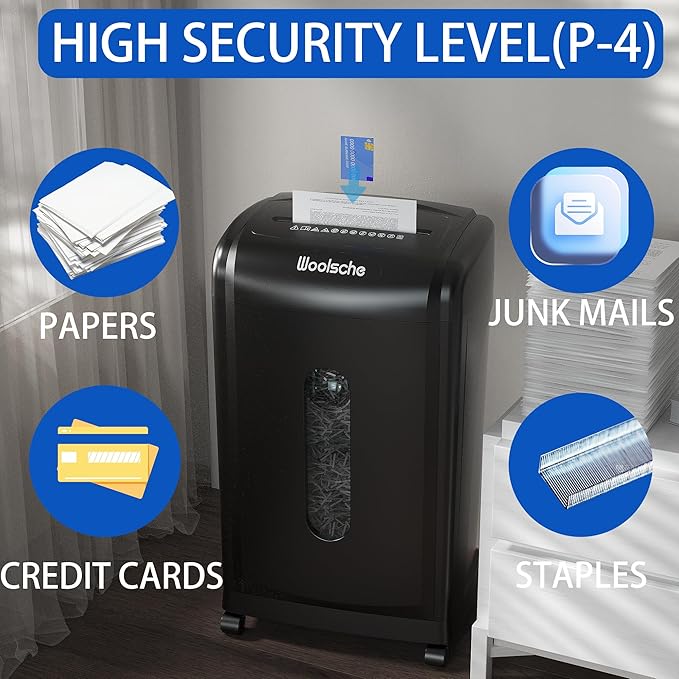 Shredder, 18-Sheet Cross Cut, 7.93Gallon Pull Out Bin, P-4 Security Level, Shred Paper/Card/CD, Durable&Fast with Auto Jam Proof System for Office