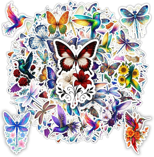 100 PCS Butterfly Dragonfly Hummingbird Stickers Pack, Vinyl Waterproof Decals of Colorful Butterflies Delicate, Gift for Kids Teens Adults Wall Decor Laptop Water Bottle Scrapbook Helmet