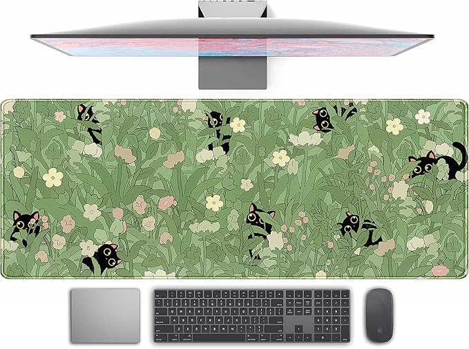 Cute Green Leaves Pink Flowers Mouse Pad Desk Pad Kawaii Anime Cat Desktop Protector Decor Desk Mat, XL Large Gaming Mousepad for Girl Women Laptop Computer Keyboard and Mouse Mat 31.5x11.8 in