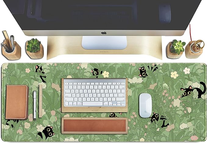 Cute Green Leaves Pink Flowers Mouse Pad Desk Pad Kawaii Anime Cat Desktop Protector Decor Desk Mat, XL Large Gaming Mousepad for Girl Women Laptop Computer Keyboard and Mouse Mat 31.5x11.8 in