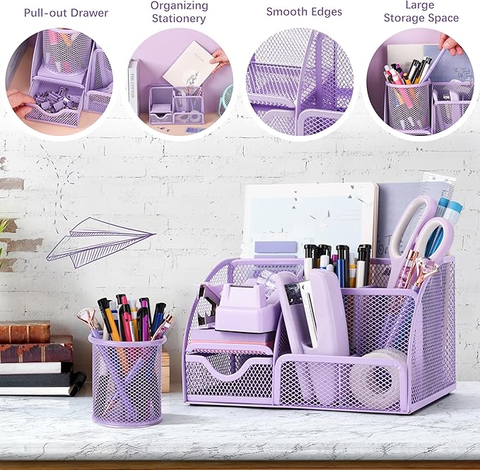 15 Pcs Purple Office Supplies Set Mesh Desk Organizer Accessories Kit Include Stapler Tape Dispenser Staple Remover Clips Ruler Scissors Sticky Notes for Office School Home Women (Purple)