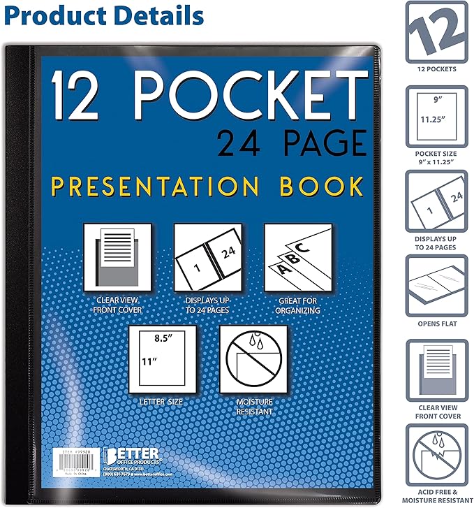 Better Office Products 12 Pocket Bound Presentation Book, Black with Clear View Front Cover, 24 Sheet Protector Pages, 8.5" x 11" Sheets, Art Portfolio, Durable Poly Covers, Letter Size, Black