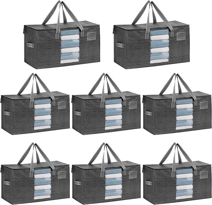 VENO 8 Pack Moving Bags, Comforter and Blanket Storage Bags for Closet, Moving Boxes, Boxes with Lids Alternative, College Dorm Packing Supplies, Foldable Heavy-Duty Tote with Window (Gray, 8 Pack)