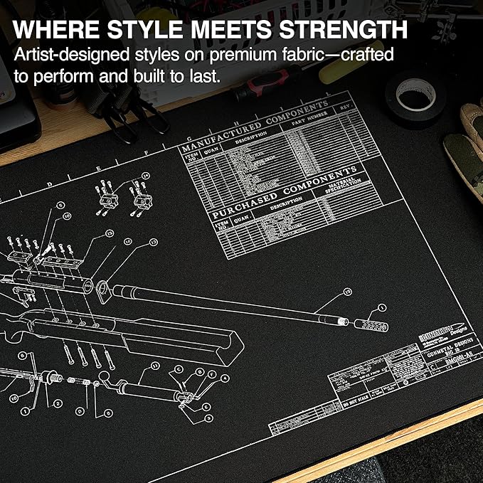 MPCO. Blueprints Large Gaming Desk Pad - 36" x 17" Aeroglyde Fabric Browning 50 Cal – Black Desk Mats - Non-Slip, Washable, Smooth Glide for Precision Gaming & Work