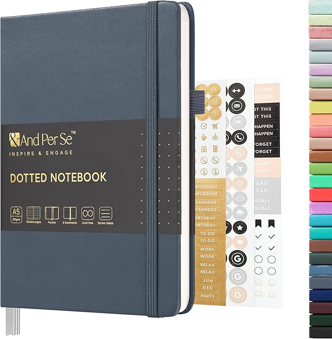 &And Per Se Dotted Journal Notebook, A5 Hardcover Bullet Dotted Journal, 160 Pages 100 gsm Thick Paper, 3 Sheets of Stickers Included - 5.7'' x 8''（Dark Blue）