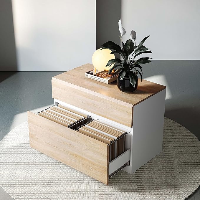 2 Drawer Lateral File Cabinet, 31W*23H Wood Filing Cabinet with Anti-tilt Mechanism, Home Office Storage Filing for Letter, A4 & Legal Size, Light Walnut