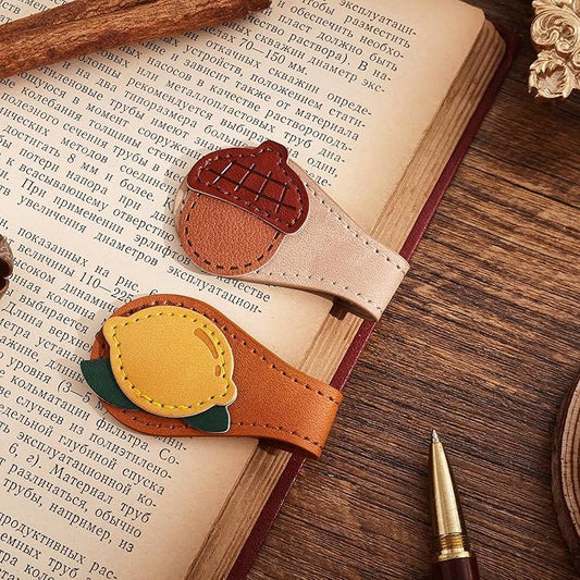 2PCS Vintage Magnetic Leather Bookmark, Leather Magnetic Bookmarks for Women, Magnetic PU Bookmarks Clip Book Accessories, Lemon & Acorn