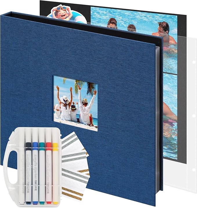 Vienrose Scrapbook Photo Album 12x12 Inch 3 Ring Binder, Linen Cover Large DIY Scrapbooks with 50 Sheets Plastic Sleeves 100 Pages Blank Black Inner Pages for Wedding Birthday Travel Baby Photos Blue