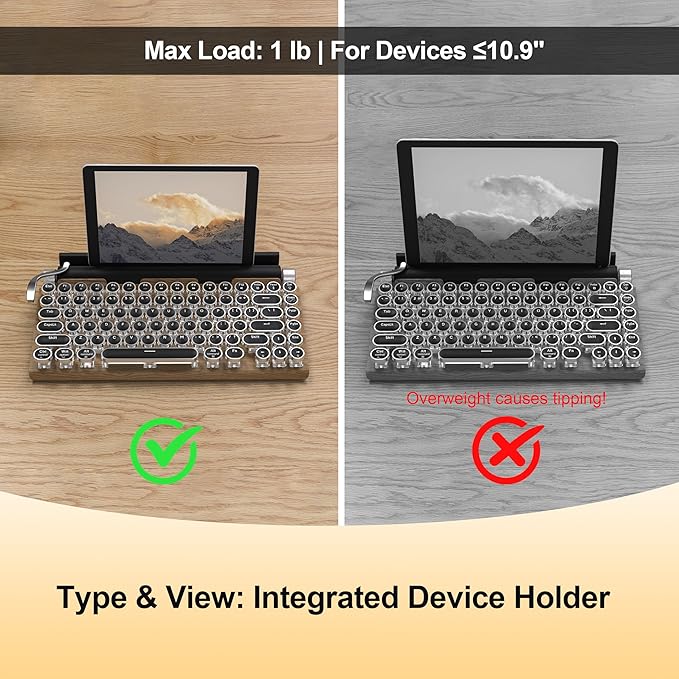 Retro Typewriter Wireless Mechanical Gaming Keyboard, Bluetooth 5.0 Office Computer Vintage Keyboards 83-Key Blue Switches Punk Round Keycap, LED Backlight, Compatible with PC/Laptop/Pad/Phone, Wood