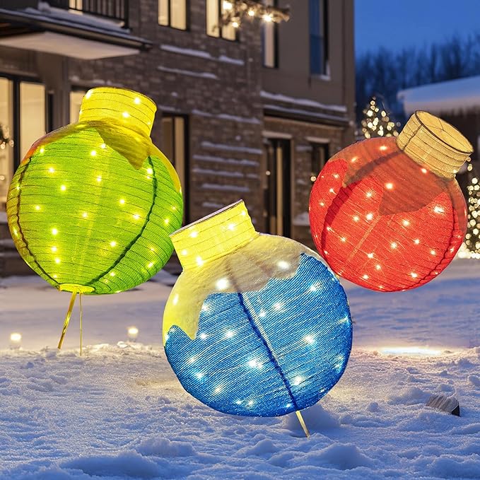 Dazzle Bright Christmas Ball Decorations, 3 Pcs Pre-Lit 270 LED Pop-Up Christmas Ball Set with Base, 8 Modes Lighted Collapsible Balls for Indoor Outdoor Garden Yard Party Xmas Decor