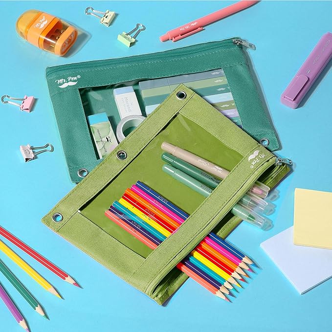 Mr. Pen- Pencil Pouch for 3 Ring Binder, 2 Pack, Green Shades, 3 Ring Binder Pencil Pouch
