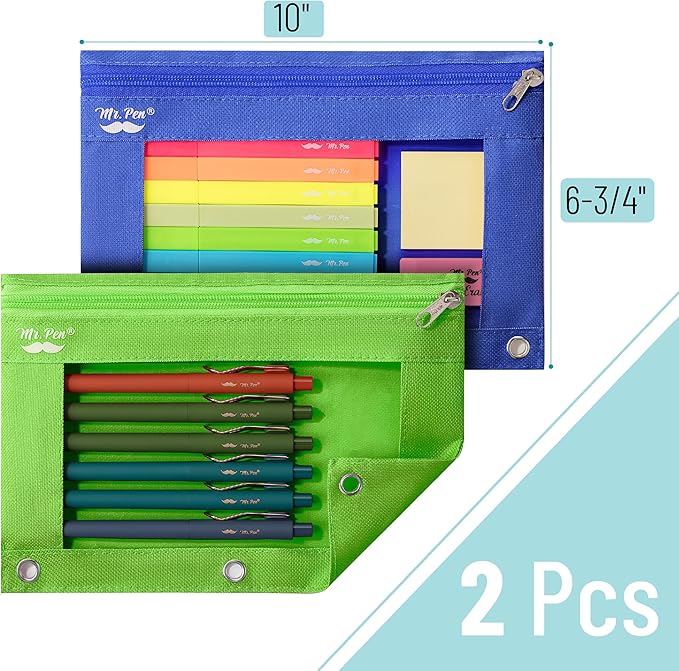 Mr. Pen- Pencil Pouch for 3 Ring Binder, 2 Pack, Dark Blue and Green, 3 Ring Binder Pencil Pouch