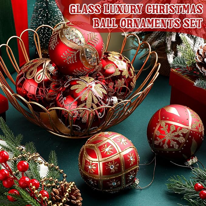 6 Pcs 3.15 Inch Glass Luxury Christmas Ball Red and Gold Ball Ornaments Glass Christmas Tree Decorations Luxury Hanging Ornaments for Xmas Tree Party Holiday Decor