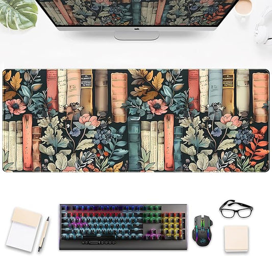 Flowers Desk Pads Gaming Desk Mat Large Keyboard Mouse Pad XL, Book Elements Computer Desktop Mats, Extended Full Laptop Mouse Mat, Office & Home Decor for Women Desk Aesthetic 31.5" x 11.8"