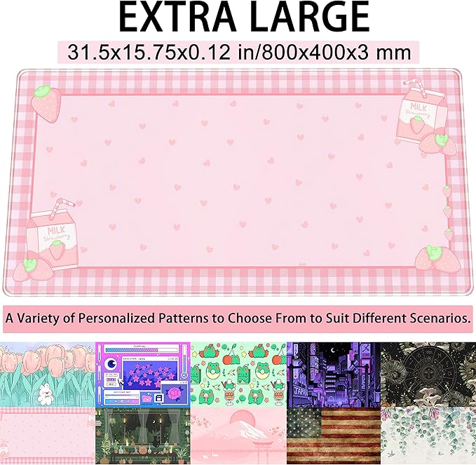 Cute Pink Plaid Desk Mats Strawberry Milk Gaming Desk Pad, Kawaii Extended Mouse Pad Kawaii Large Keyboard Mats XXL, Laptop Mat for Desk, Desktop Mat Mousepad Office Decor for Women 31.5"x15.75"