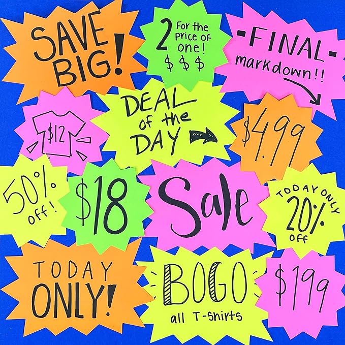 80 pcs Starburst Signs NEON Star Shaped Blank Sale Tags in 2 Sizes for Retail Sales, US Made Card Stock Punch Out Signs Ideal for Garage Sale Yard Sale Bulletin Board Decorations, Party Name Tags