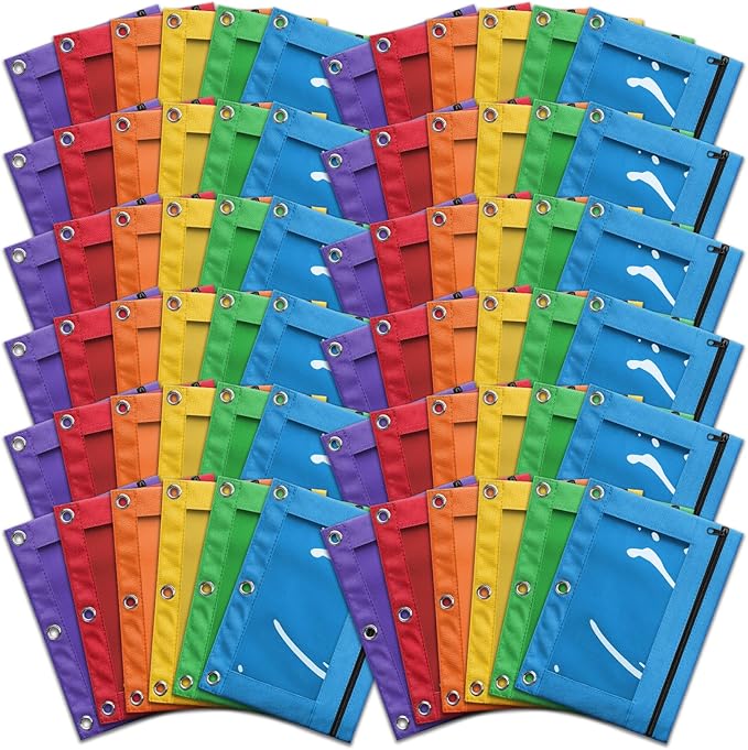 V-Opitos 72 Packs Pencil Pouch for 3 Ring Binder, Bulk 3-Holes Zipper Pencil Pouches in Assorted Colors, Sturdy and Durable Cloth Pencil Case with Clear Window for Office School College Supplies