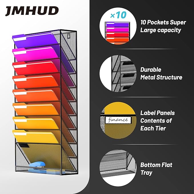 10 Tier Wall File Organizer, Hanging Wall Mount File Holder Paper Folder Mail Organizer, Mesh Metal, Black 2Pack