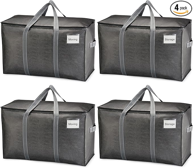 VENO 4 Pack Moving Bags, Heavy Duty, Moving Boxes Alternative, Packing Storage Supplies for Dorm Room Essentials with Zipper for Clothes, Extra Large Totes for Packaging (Dark Gray, 4 Pack)