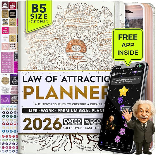 2026 Planner Weekly and Monthly | Law of Attraction Planner with Panduo App | A 12 Month Journey for Productivity, Gratitude & Goal Setting | Includes Foldable Vision Board, Gift Box & Stickers