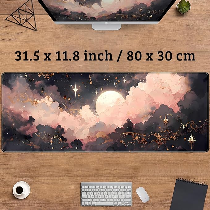 Black Pink Clouds Desk Mat Cute Desk Pad XL Large Extended Mouse Pad Gaming Celestial Mousepad Desk Matt for Desktop, Computer Keyboard and Mouse Mat for Women Office Decor Accessories 31.5x11.8 in